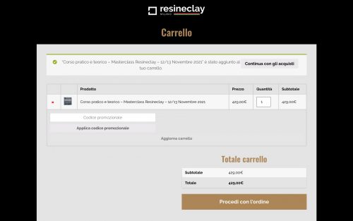 www.resineclay.com carrello (screenshot desktop)