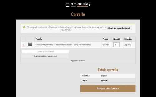 www.resineclay.com carrello (screenshot desktop)