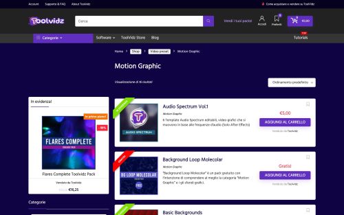 www.toolvidz.com categoria prodotto video preset motion graphic (screenshot desktop)